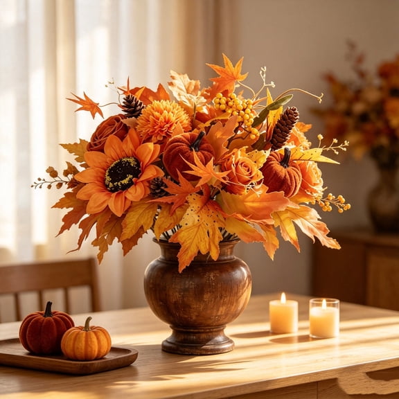Mskk Fall Harvest Artificial Flower Bouquet, 16.9Inch Sunflower Maple Leaf Floral Pick With Mini Pumpkins Pinecone, Farmhouse Fake Flowers Vase Decor For Halloween Thanksgiving Decoration