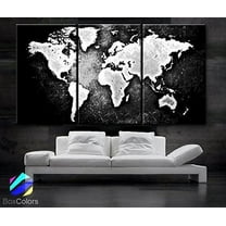 Original by BoxColors Large 30"x 60" 3 Panels 30x20 Ea Art Canvas Print World Map Black & White Contrast Wall Home Office Decor Interior (Included Framed 1.5" Depth)