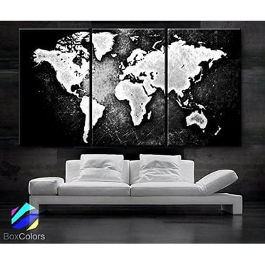 Original by BoxColors Large 30"x 60" 3 Panels 30x20 Ea Art Canvas Print World Map Black & White Contrast Wall Home Office Decor Interior (Included Framed 1.5" Depth)
