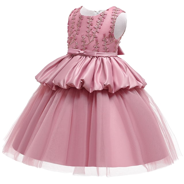 Vestido Para Niñas, Ropa Para Niñas Pequeñas, Color Sólido, Bordado De Hojas, Hilo De Red, Lazo, Fiesta De Cumpleaños, Vestido De Flores, Vestidos Para Niños, Rosa Odeerbi LM103-8825