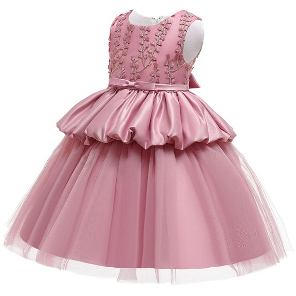 Odeerbi Girls Dress Baby Girls Clothes Toddler Solid Color Leaf Embroidery Net Yarn Bowknot Birthday Party Flowers Gown Kids Dresses Pink