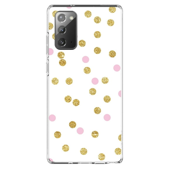 DistinctInk Clear Shockproof Hybrid Case for Samsung Galaxy Note 20 (6.7" Screen) - TPU Bumper, Acrylic Back, Tempered Glass Screen Protector - Pink & Gold Print - White / Pink / Gold Dots Pattern