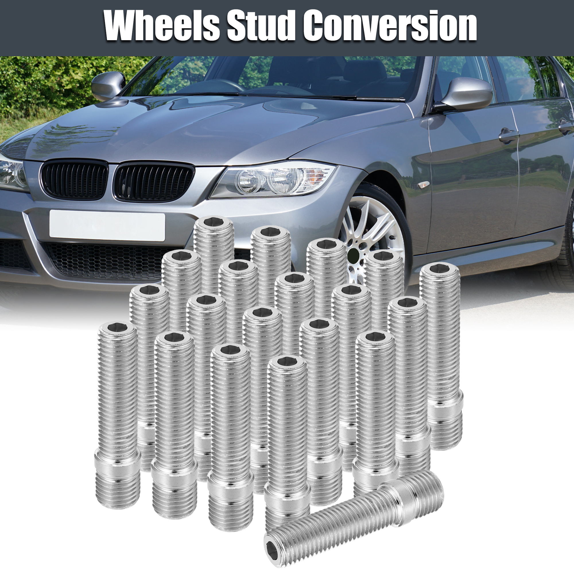Unique Bargains M14x1.5 to M12x1.5 58mm Wheel Stud Fit for Audi - Pack of 20 Silver Tone