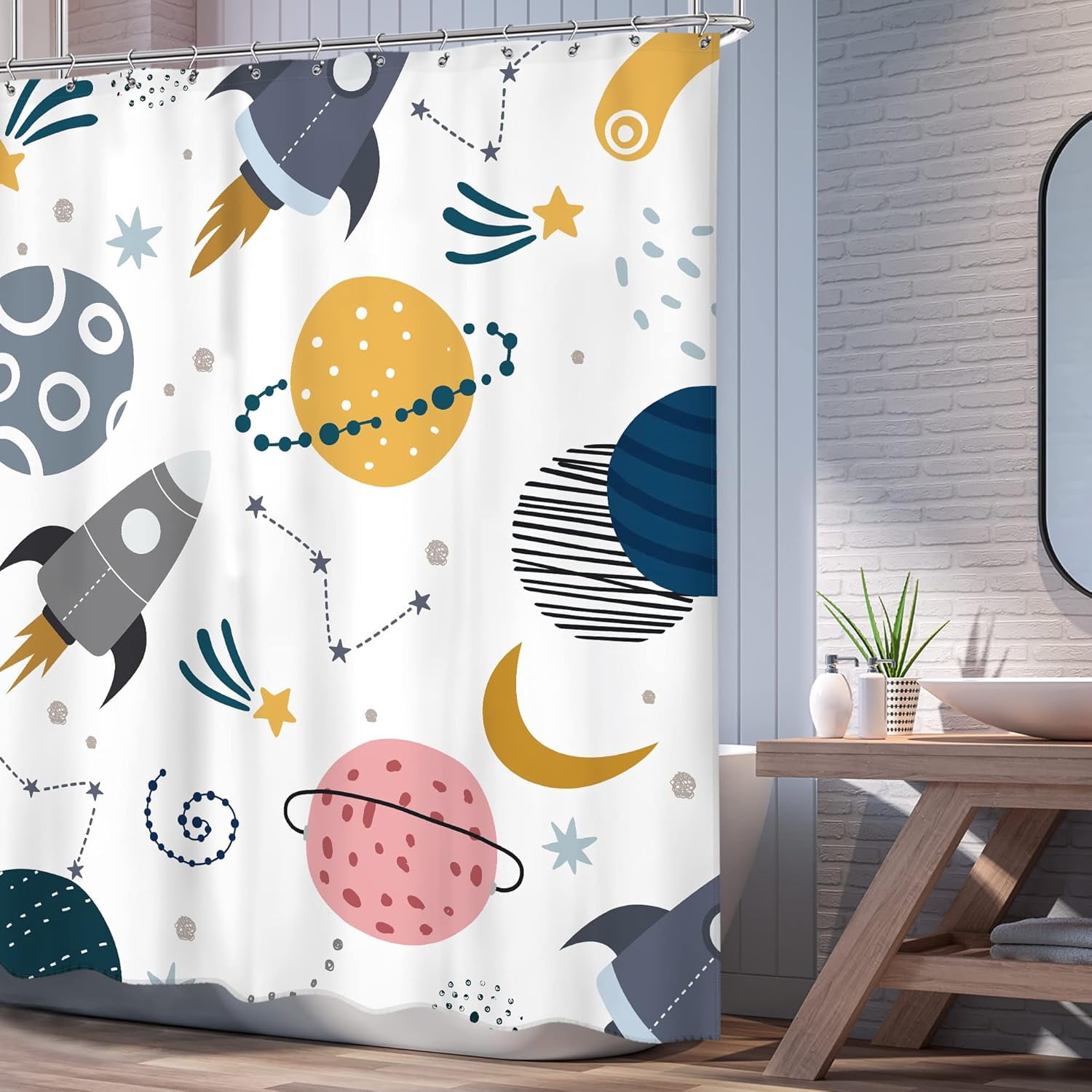 Kids Boys Space Shower Curtain 72Wx72L Inch Cute Cartoon Pink Planet Universe Funny Galaxy Rocket Star Moon Girl Cosmos Lovely Nursery Bathroom Set Bath Curtain Bathtub Accessories Home Decor