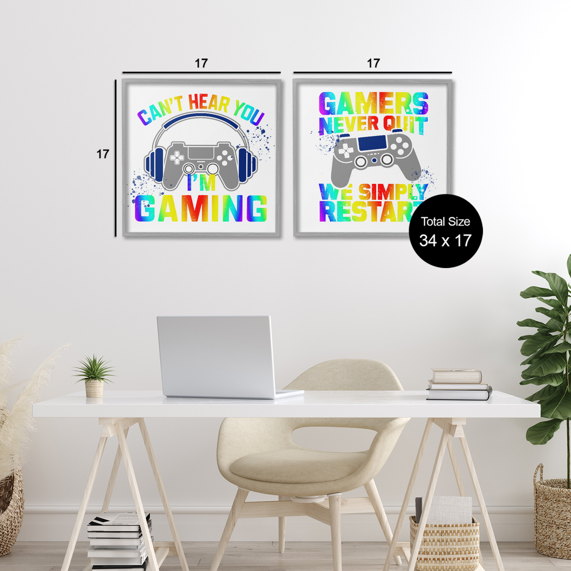 Rainbow Retro Gaming Phrases 2 Piece Gray Framed Giclee Art Set, design by Kim Allen