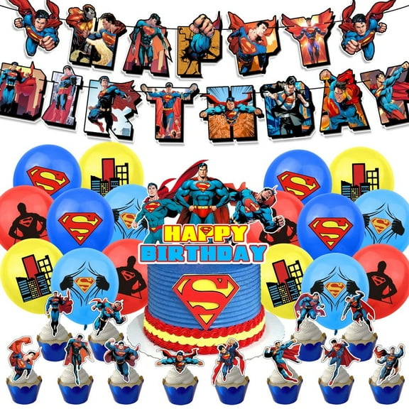 Superman Theme Birthday Party Decor Supplies Kits, Including Banner, Balloons, Cake Toppers, Cupcake Toppers.