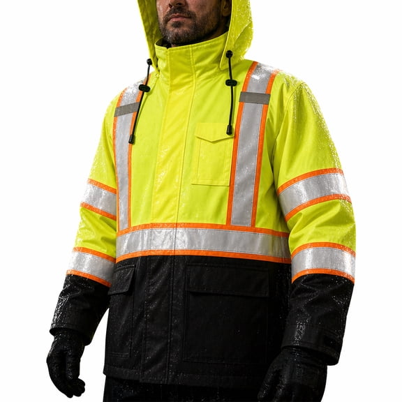 Hi Vis Safety Rain Jacket for Men Women Waterproof Breathable Rain Gears with Mesh Lining Black Bottom