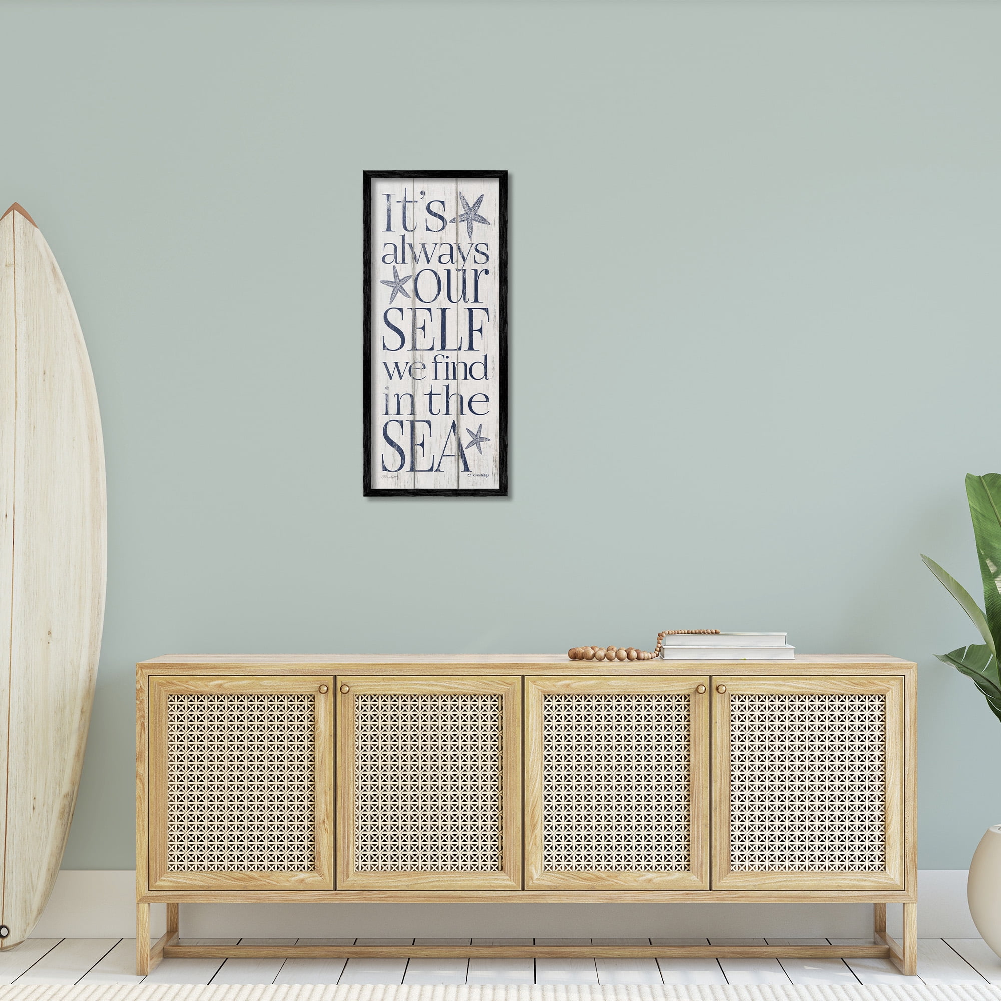 Stupell Industries Find Self In Sea Phrase Inspirational Painting Black Framed Art Print Wall Art, 13 x 30