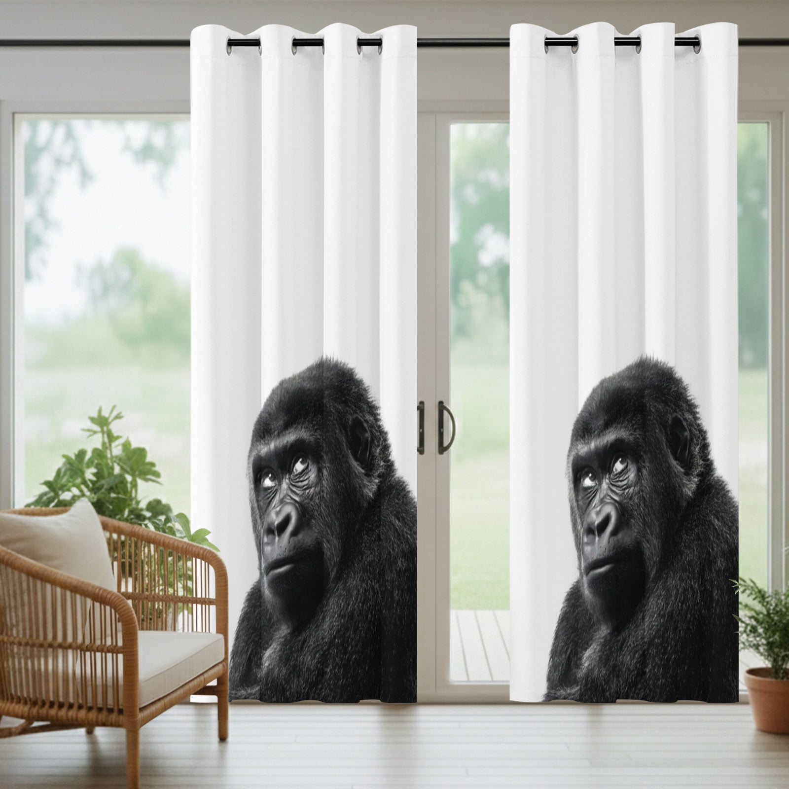 Gorilla Portrait Outdoor Curtains for Patio, Animal Minimalist Modern Black White Sunshade Privacy Drapes Grommet Waterproof Outside Curtains for Porch/Cabana/Balcony 54"x 108", 1 Panel