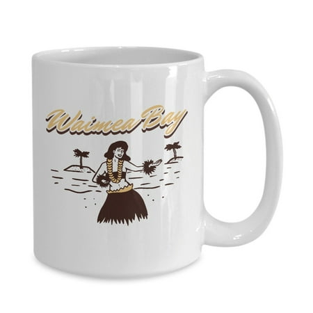 

Vintage Waimea Bay Hawaii Surfer Hula Girl Palm Trees Beach White Gift coffee mug