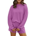 thumbnail image 2 of 2 Piece Ribbed Knit Loungewear Set Women's Long Sleeve Crew Neck Tops Elastic Waisted Shorts, Loose Comfortable Outfits Purple S, 2 of 7