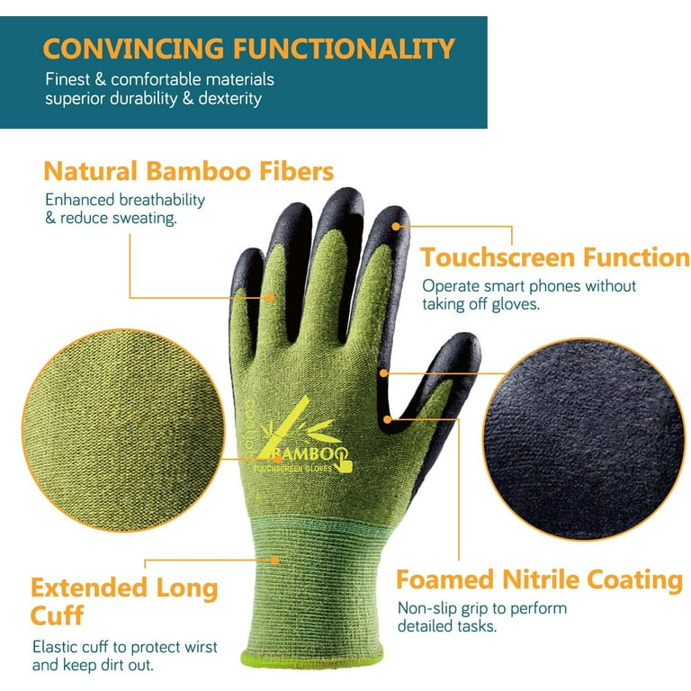  COOLJOB 2 Pairs Gardening Gloves for Women and Men, Bamboo Working  Gloves Touchscreen, Grippy Nitrile Rubber Coated Work Gloves, Green/Black,  Small Size (2 pairs S) : Patio, Lawn & Garden