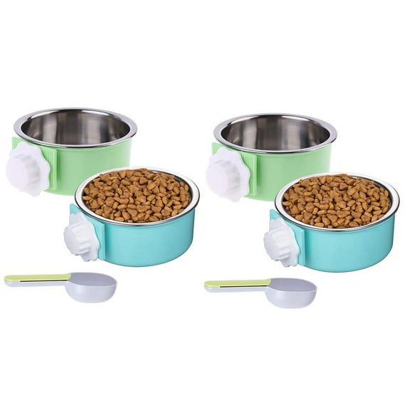 4 Pieces Crate Dog Bowl, Removable Stainless Steel Pet Kennel Hanging Food Water Feeder Bowl Cage Coop Cup with Spoon,4 x Dog Bowl 2 x spoon,