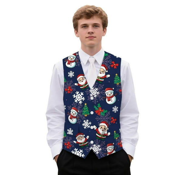 Yuyamidu Christmas Mens Vest Formal Waistcoat with Pocket Santa Claus Snowman V-Neck Suit Vests for Wedding Prom Party Casual Tuxedo Wear Size M