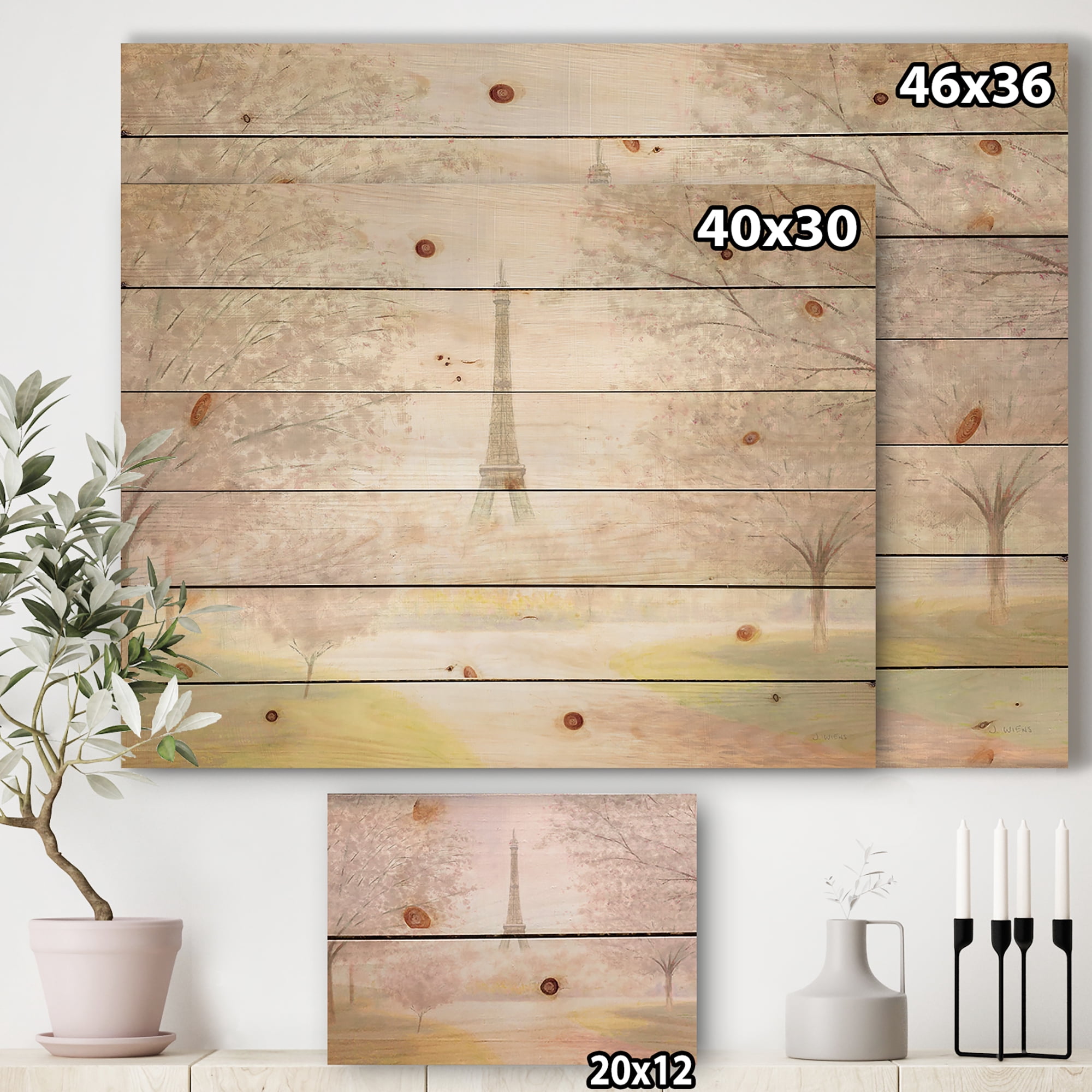 Designart 'Pretty Paris ' Landscape Print on Natural Pine Wood
