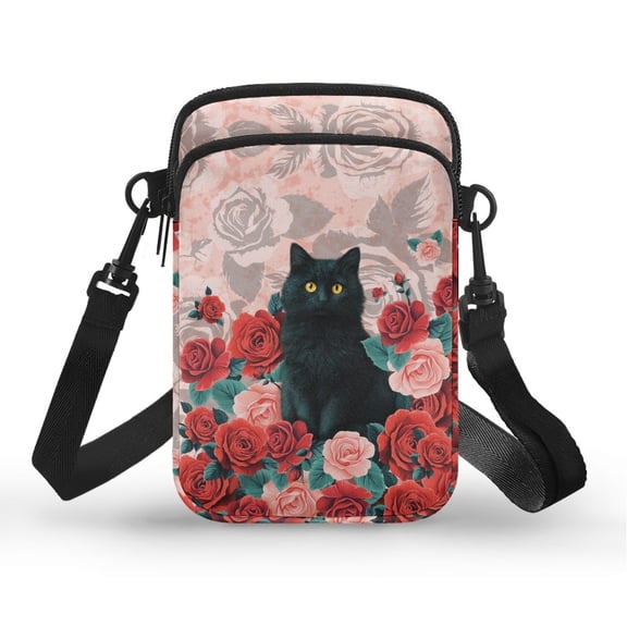 HELLHERO Cat and Rose Pattern 2 Zippers Crossbody Sling Bags with Double Deck Polyester 4.33x1.97x7.09 for Adult