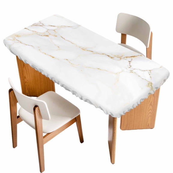 White Golden Marble Table Cloths for 4 Foot Rectangle Tables, Modern Abstract Art Elegant Patio Waterproof Elastic Fitted Tablecloths, Washable Rectangular Table Cover for Camping