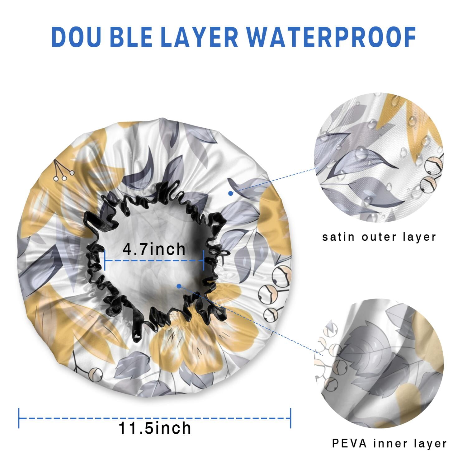 Shower Caps,Pioneer Flower Floral Print Pattern Waterproof Shower Cap for Women 4 Pieces,Double Reusable Hair Cover for Shower PEVA Elastic Stretch Hem