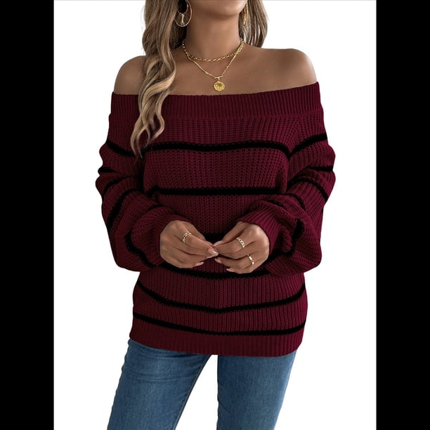 Suéter de Rayas con Hombros Descubiertos para Mujer, Moda de Otoño, Suéteres de Punto Casuales, Suéter Y2k, Blusas Lindas. Vino Tinto L