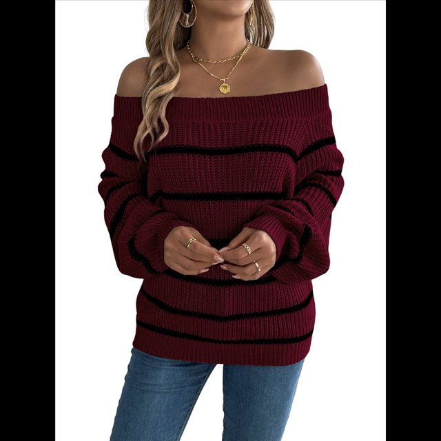 Suéter de Rayas con Hombros Descubiertos para Mujer, Moda de Otoño, Suéteres de Punto Casuales, Suéter Y2k, Blusas Lindas. Vino Tinto S