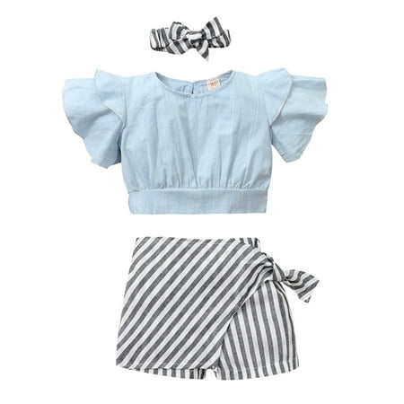 

DNDKILG Infant Baby Toddler Girls 3 Piece Clothes Set Summer Ruffle T Shirts and Shorts Set Plaid Outfits Short Sleeve with Headband Blue 6M-4Y 80