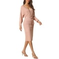 thumbnail image 4 of INSPIRE CHIC Women's Midi Dress Deep V Neck Batwing Long Sleeve Belted Wrap Sweater Dress L Pink, 4 of 6