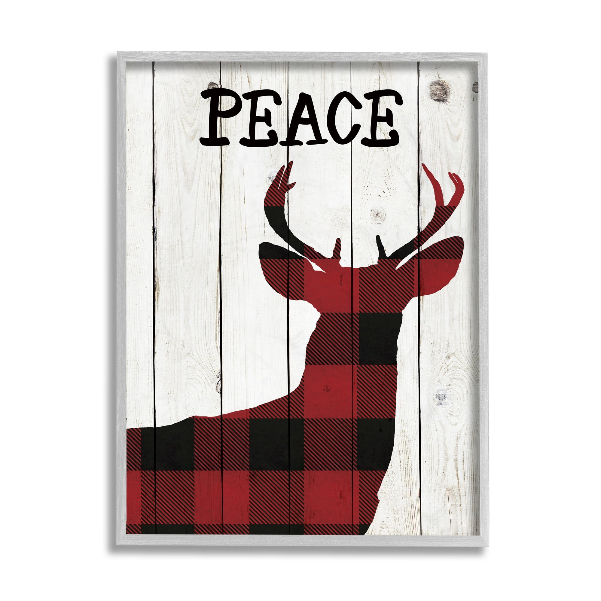 Stupell Industries Checker Plaid Reindeer Rustic Peace Text Holiday Painting Black Framed Art Print Wall Art, 11 x 14
