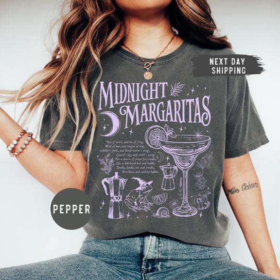 Midnight Margaritas Graphic T-shirt Witchy Cocktail Shirt Magical Drink Tee Celestial Margarita Top Moon Phase Apparel Potion Ingredient Shirt