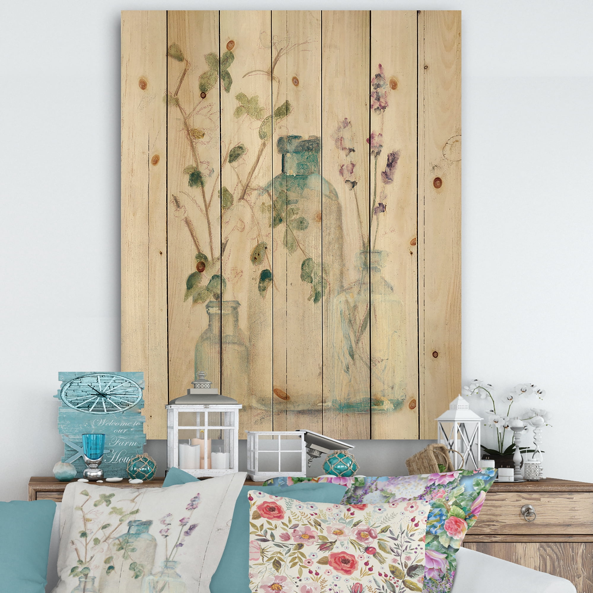 Designart 'Blossoms on Birch Cottage Bouquet In Glass Jar IV' Farmhouse Print on Natural Pine Wood