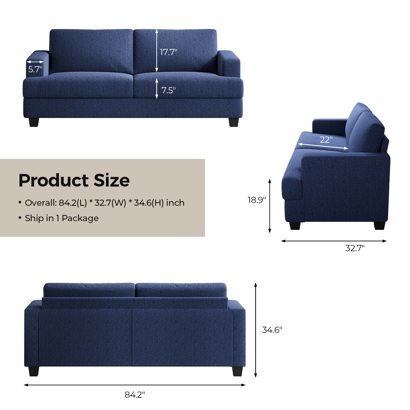 BLAZANT 84” Loveseat Sofa, High Resilience Loveseat Sofa, Linen Fabric 2 Seat Sofa Couch with Wooden Frame& Upholstered Cushion, Modern Deep Seat Sofa for Bedroom Office