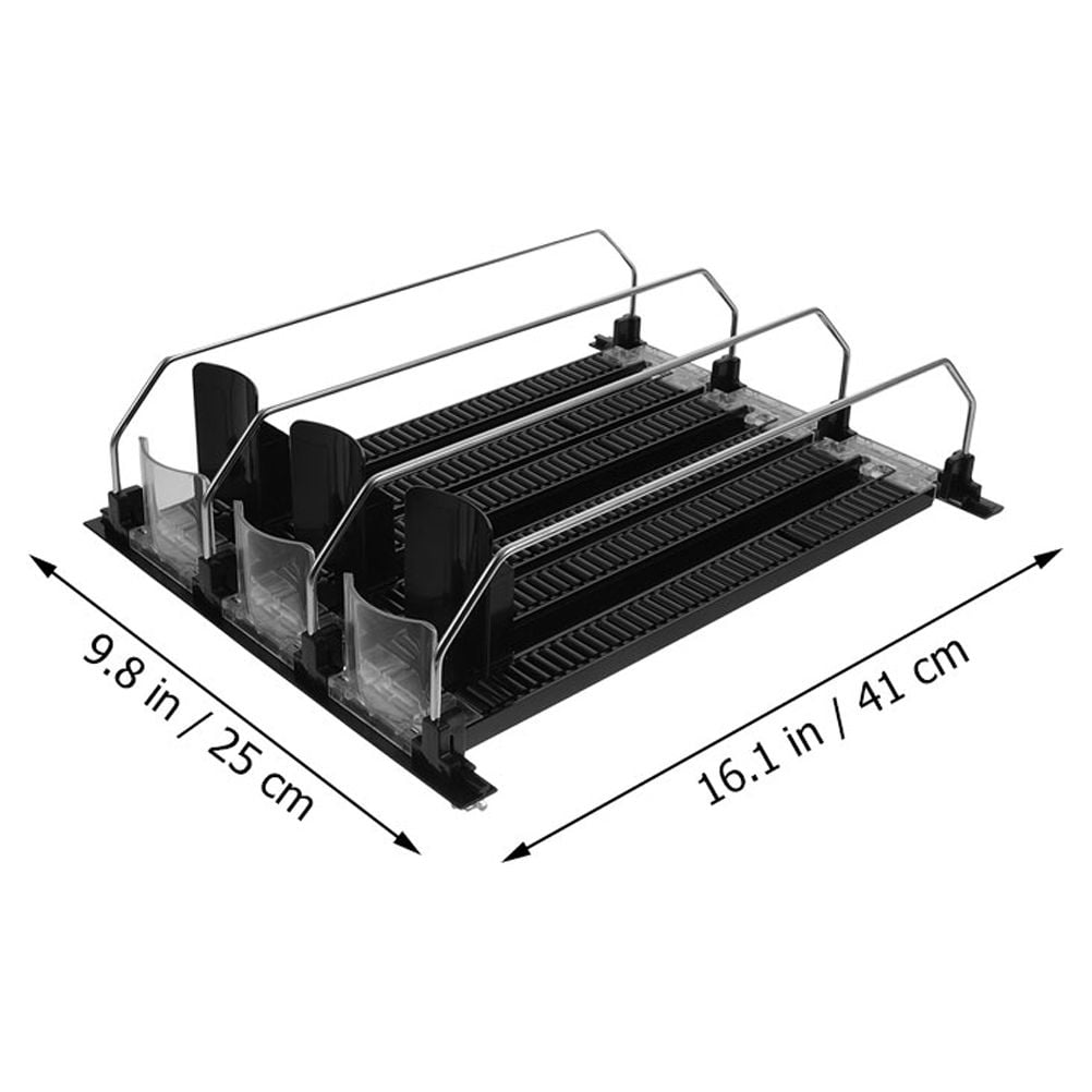 3-Pack Beverage Fridge Organizer with Self-Pushing Design, Black ABS & Stainless Steel, Refrigerator Shelf Storage Solution