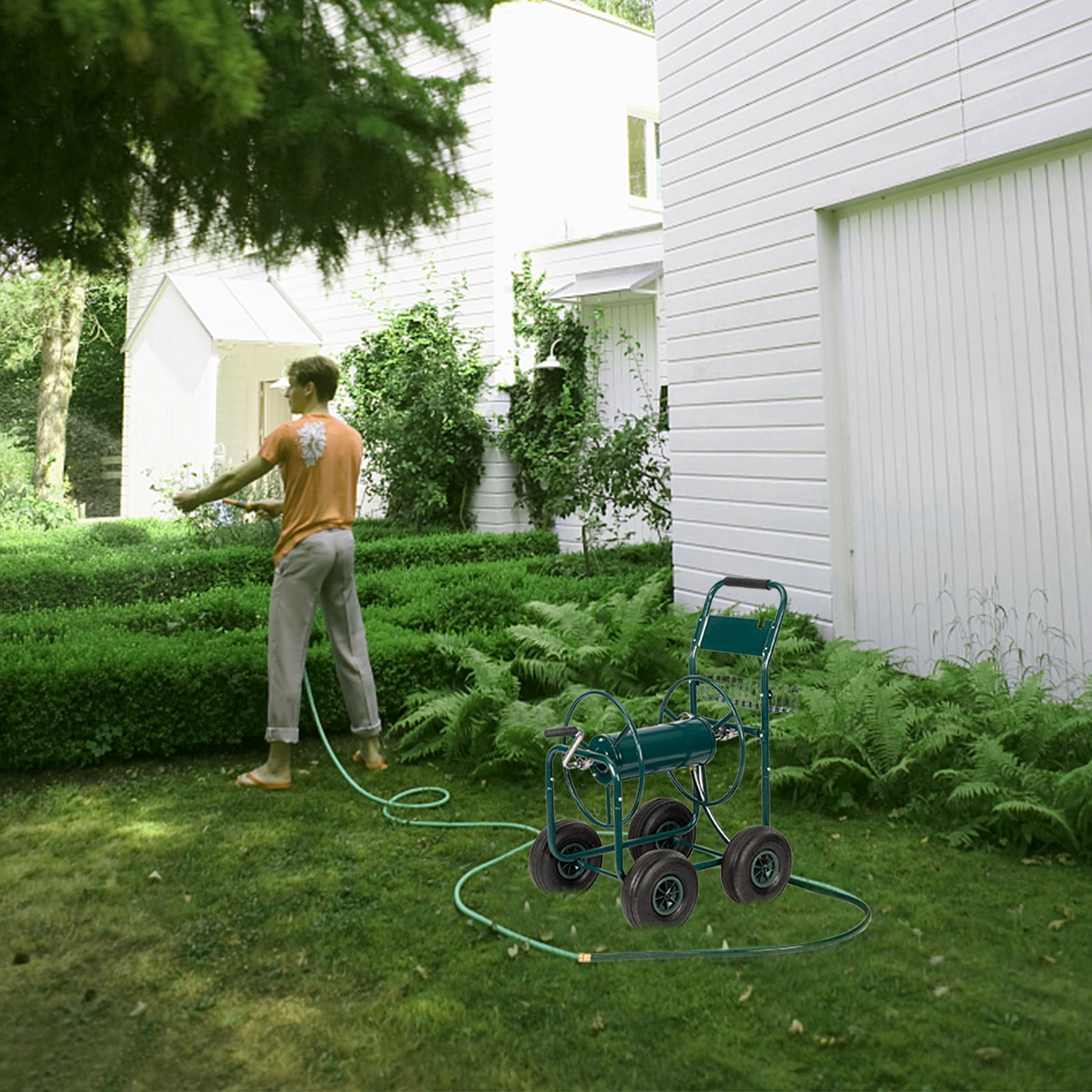 Dark Green Iron Four-Wheel Pipe Truck - Heavy Duty Hose Reel for Professional and Home Use