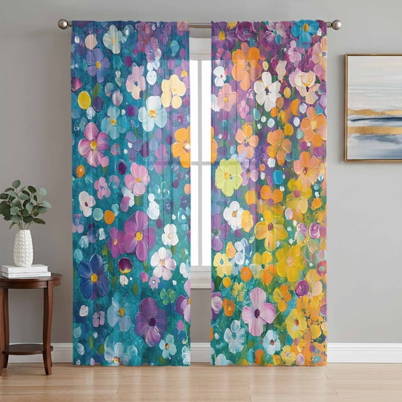Colorful Spring Floral Semi Sheer Curtains 96 Inch Length 2 Panels Set, Modern Oil Painting Abstract Art Sheer Kitchen Curtain Privacy Voile Window Curtain for Living Room Bedroom Rod Pocket Drapes