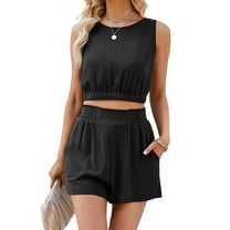 FIOPHY Womens Summer Two Piece Outfits Linen Sleeveless Crop Tank Tops and High Waisted Shorts Casual Sets