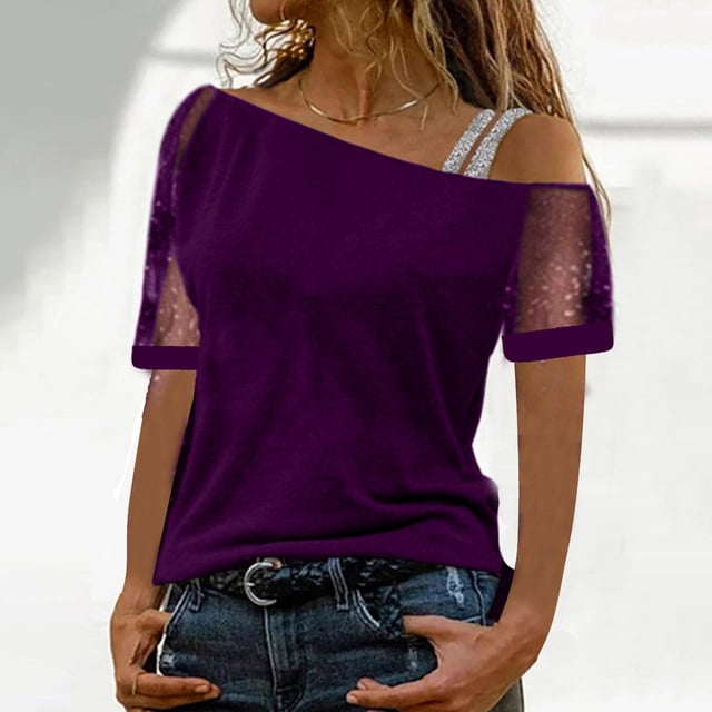 Puntoco Blusa casual para mujer Camiseta sólida Malla fuera del hombro Patchwork Manga corta tops Puntoco Puntoco-1595