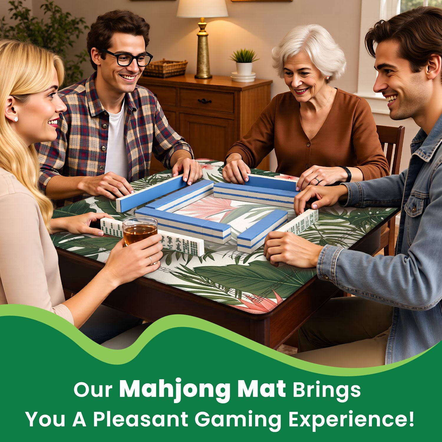 Mahjong Mat 31.5" x 31.5" Beach cheerful seamless tropical dark green leaves palm trees flowers Non-Slip Noise Reduction American Mahjong Tiles Table Cover for Dominoes Poker Card Board Games Gift