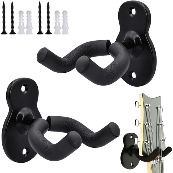 2 Set Guitar Wall Mount Hanger - Black Metal Hook Holder for Acoustic, Electric, Bass - Wall Stand Display