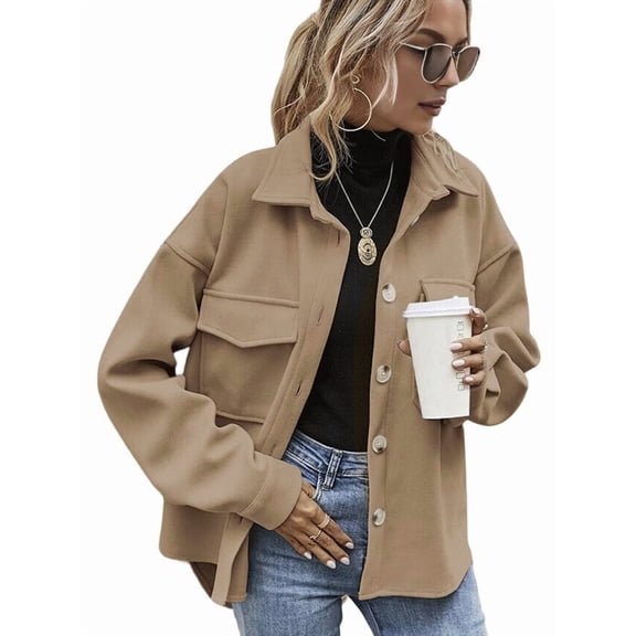 Women'S Wool Blend Button Down Long Sleeve Oversized Shacket Jacket Coat Khaki L
