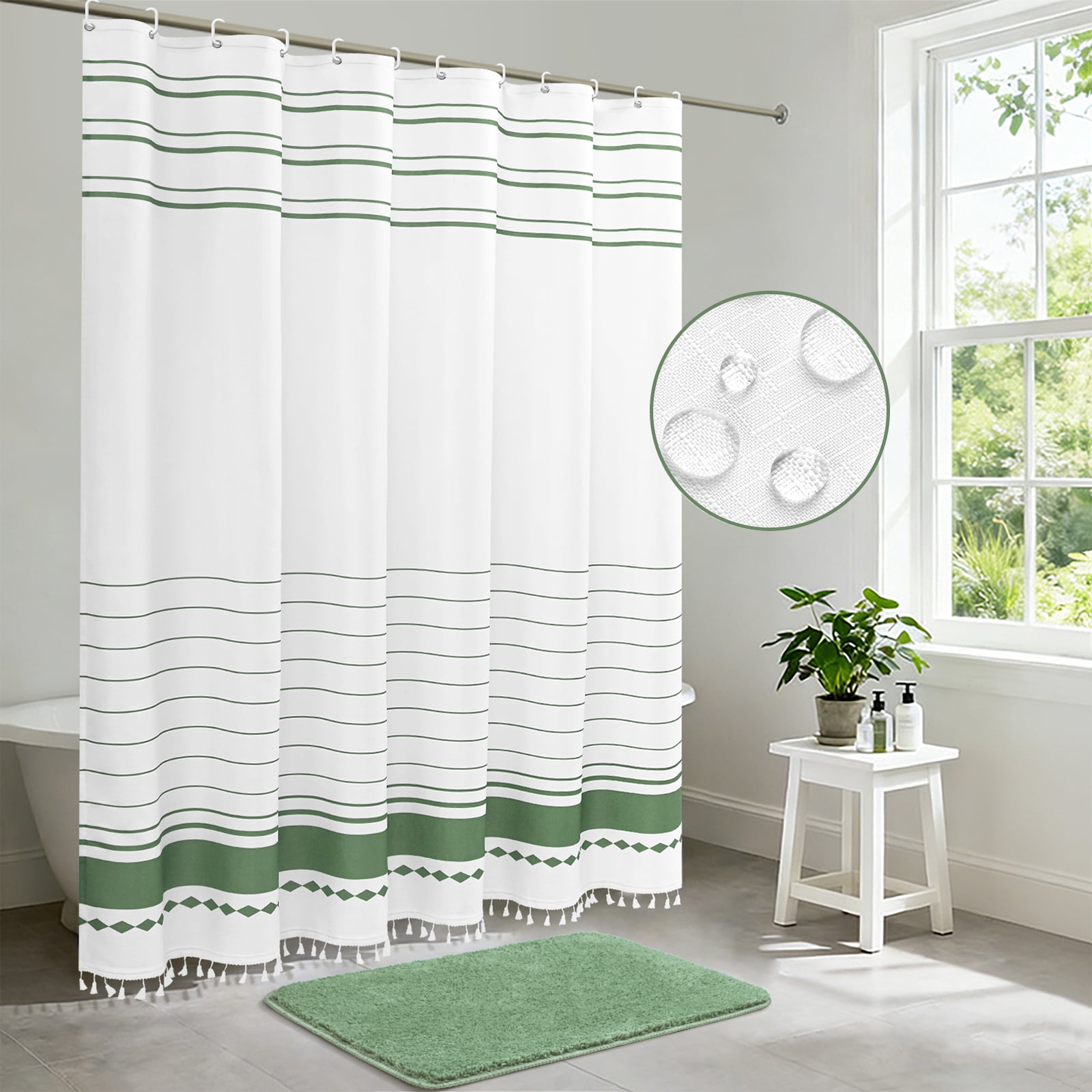 FRAMICS Striped Tassel Shower Curtain Sets with Bath Rug, Boho Farmhouse Water-Repellent Fabric Bathroom Sets with Hooks, Slub Textured Design, 72" x 72", Sage Green