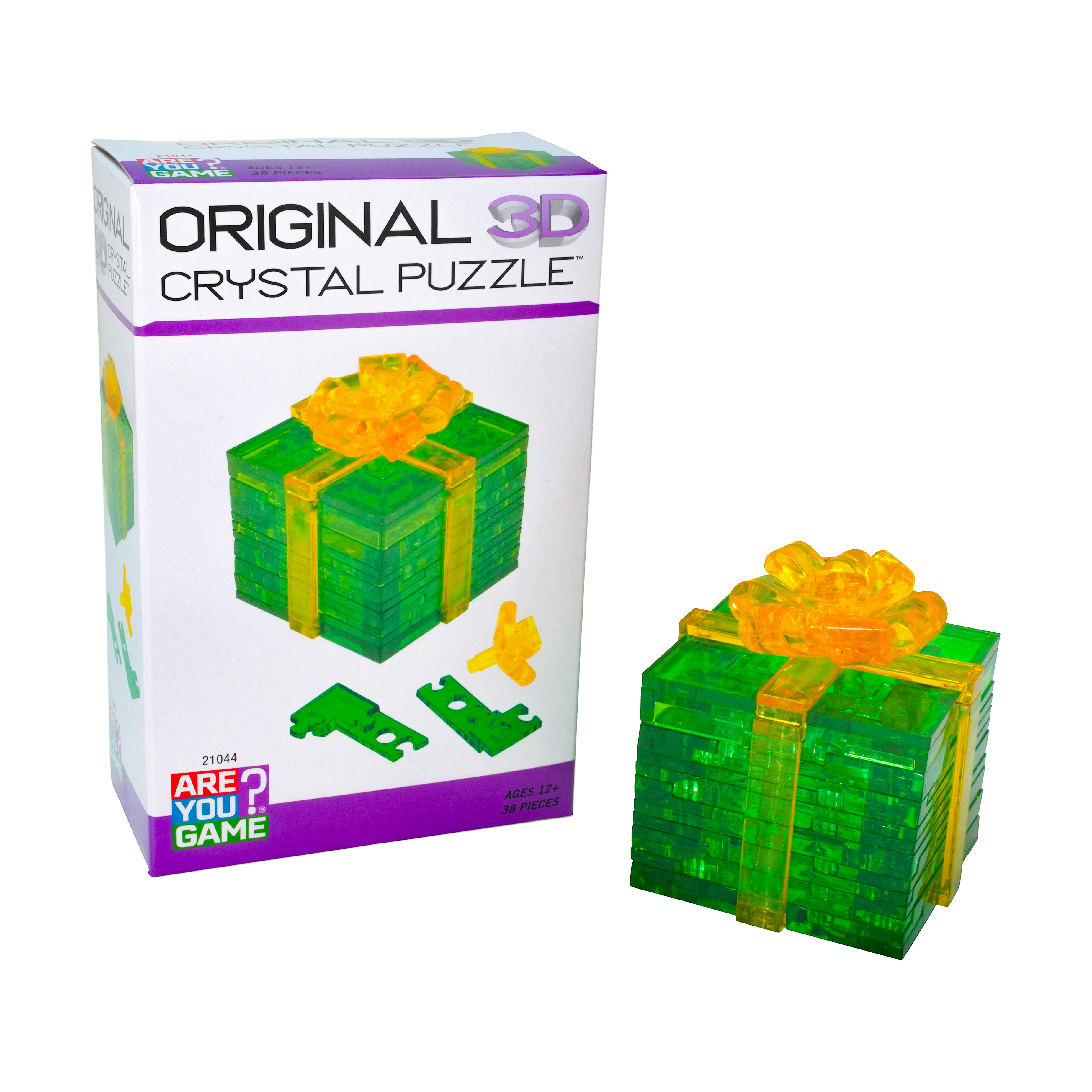 AreYouGame.com 3D Crystal Puzzle - Gift Box (Green with Yellow Ribbon): 38 Pcs