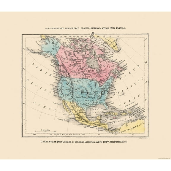 Historic Map - North America United States Mexico Canada - Black 1867