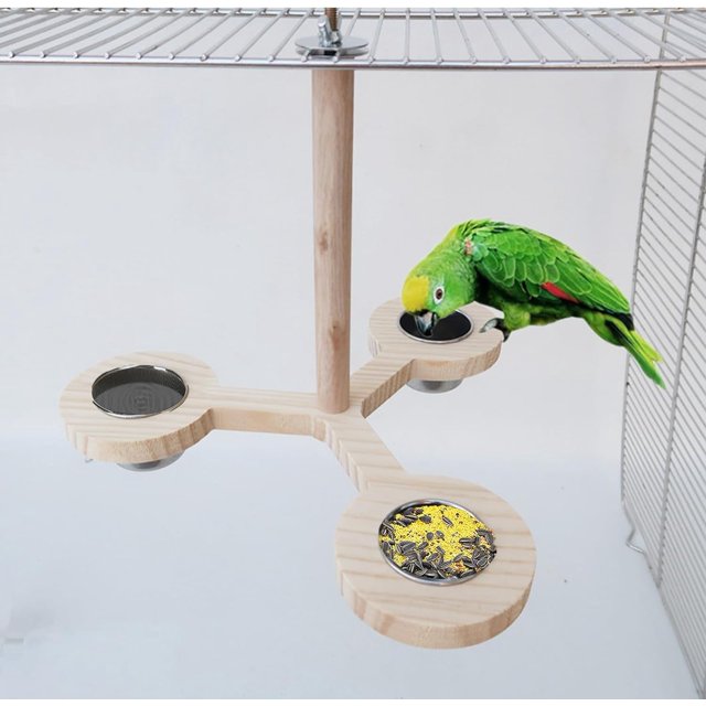Percha para pájaros con 3 tazas de plato de alimentación de pájaros de acero inoxidable, jaula para loros, rama superior, comedero para pájaros de pie, cuencos de agua para comida de loros