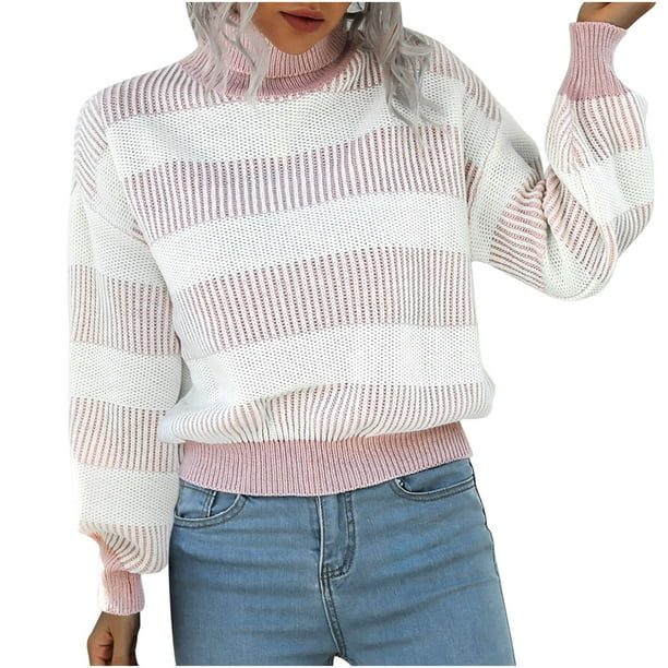 Suéteres Para Mujer Otoño Invierno Suéter A Rayas Suéter de Cuello Alto Suéter de Color Sólido Diseño Top de Manga Larga Odeerbi ODB178646