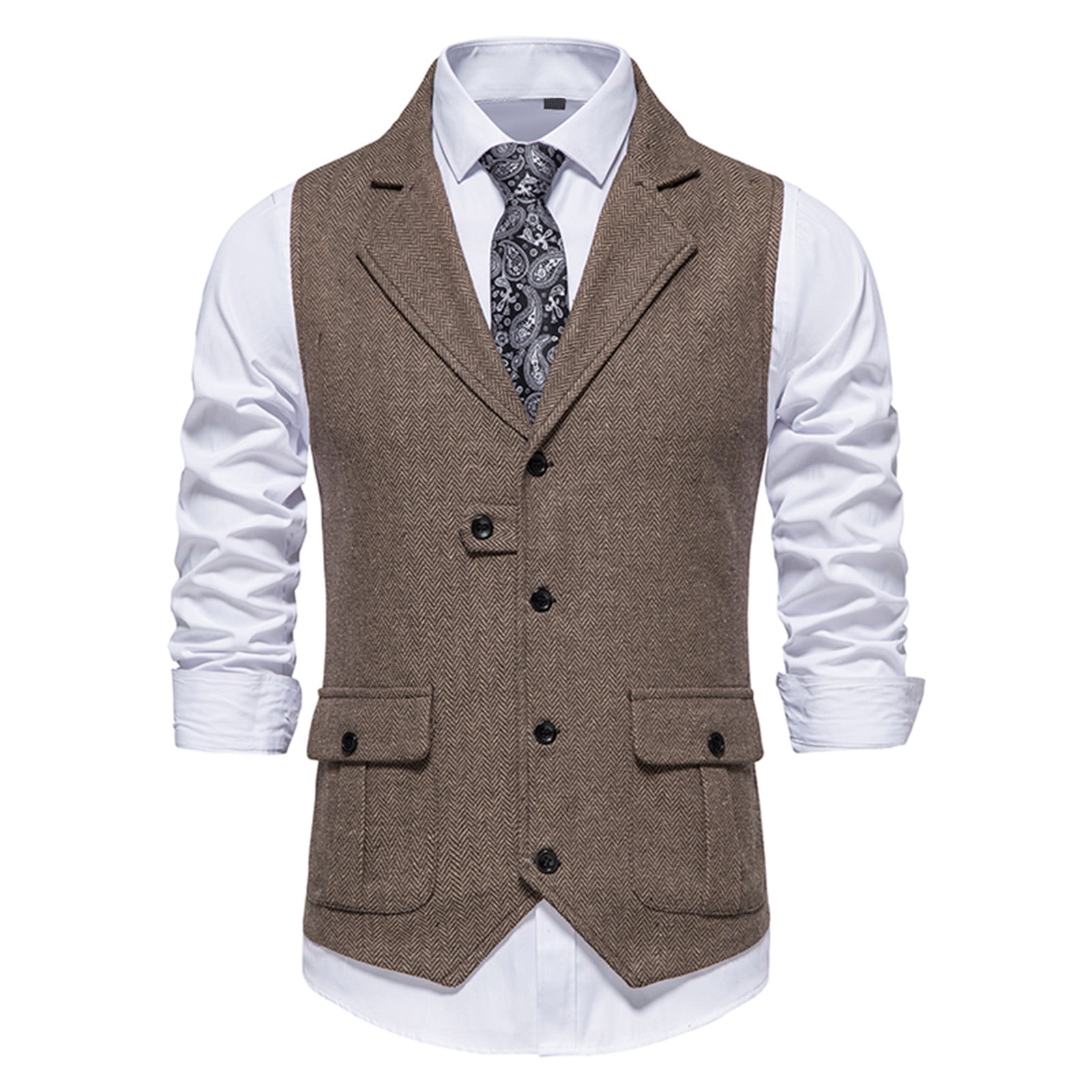 DPTALR Men's Herringbone Tweed Suit Vest Vintage Lapel Vest