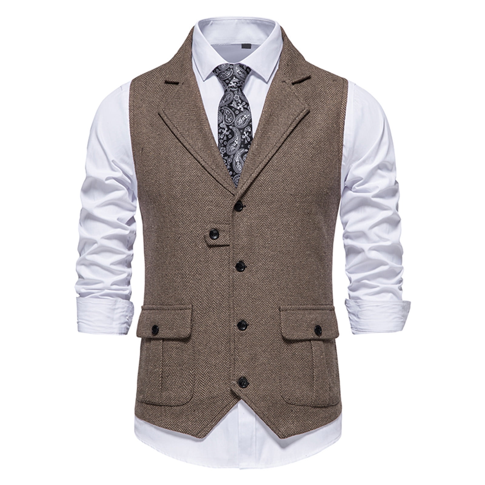 DPTALR Men's Herringbone Tweed Suit Vest Vintage Lapel Vest Men's Coat