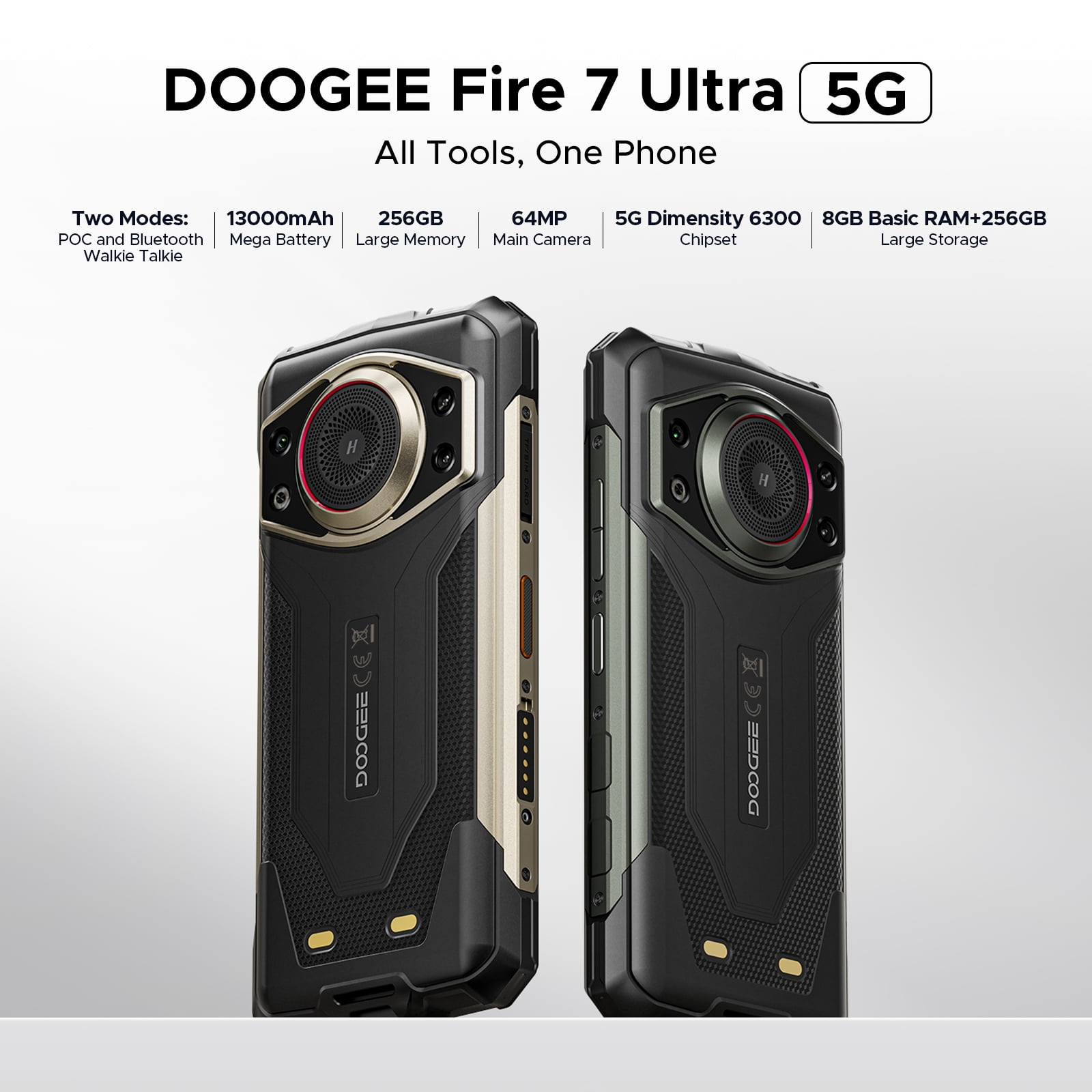 DOOGEE Fire 7 Ultra 5G Rugged Smartphone,13000mAh Battery/33W Fast Charge,32GB+256GB(2TB TF),6.6"HD+90Hz,IP68/IP69K,125dB Speaker,Nfc,Dual Sim