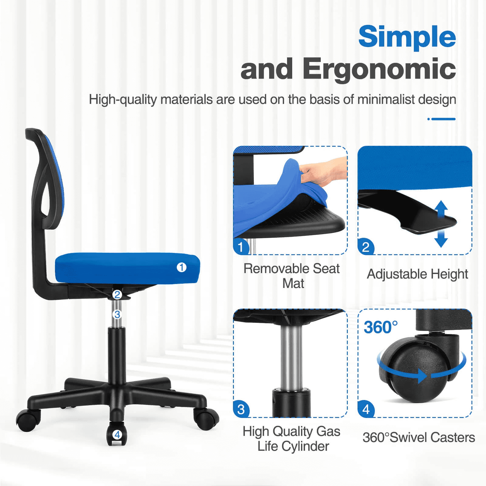 MAYEERTY Home Office Desk Chair, Armless Mesh Computer Chair Small Space Swivel Adjustable Low Back Task Chair for Teens/Adults, Blue