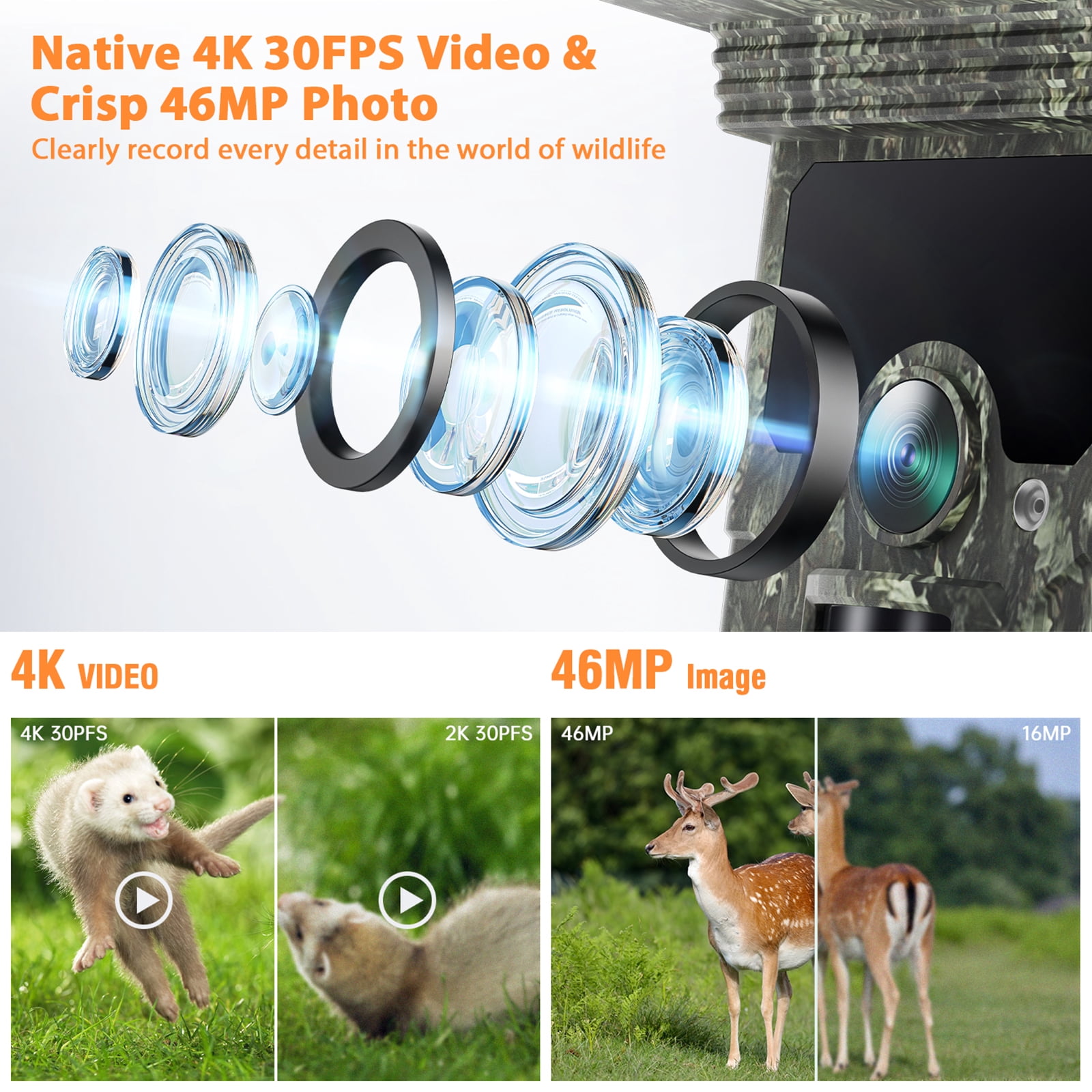 CAMPARK Trail Camera 4K 46MP- Trail Game Camera with a Free 2500mAh Solar Panel, Night Vision 0.1s Trigger Motion Activated IP66 Waterproof Time-Lapse Hunting Game Camera for Wildlife Monitoring