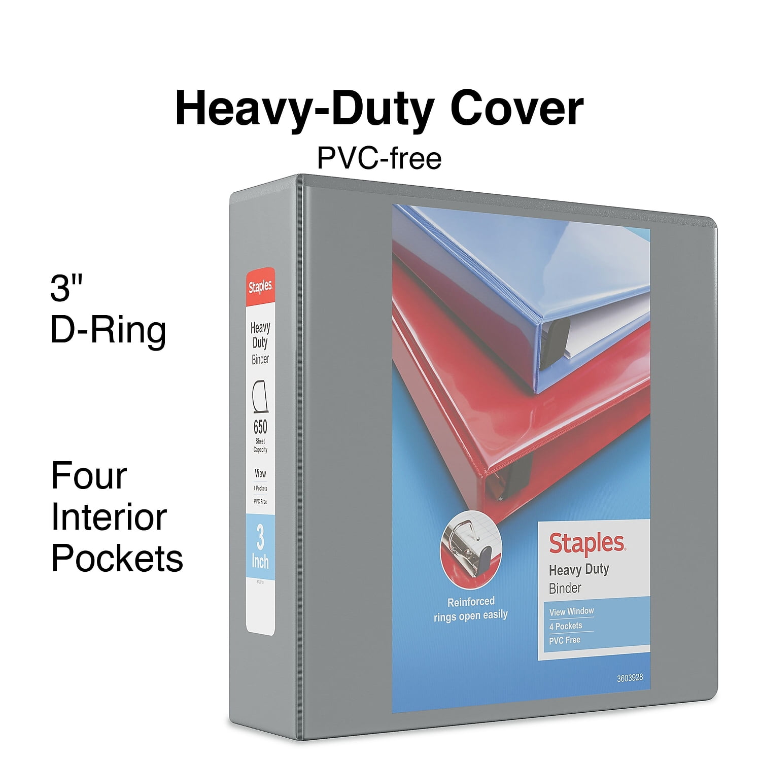 Staples Heavy Duty 3" 3-Ring View Binder with D-Rings and Four Interior Pockets Gray  2/Pack