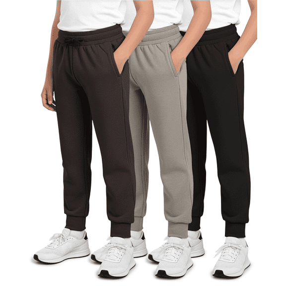 Real Essentials 3 Pack: Boys' Cotton Fleece Jogger Sweatpants - Active Athletic Youth Pants for Teens with Pockets
